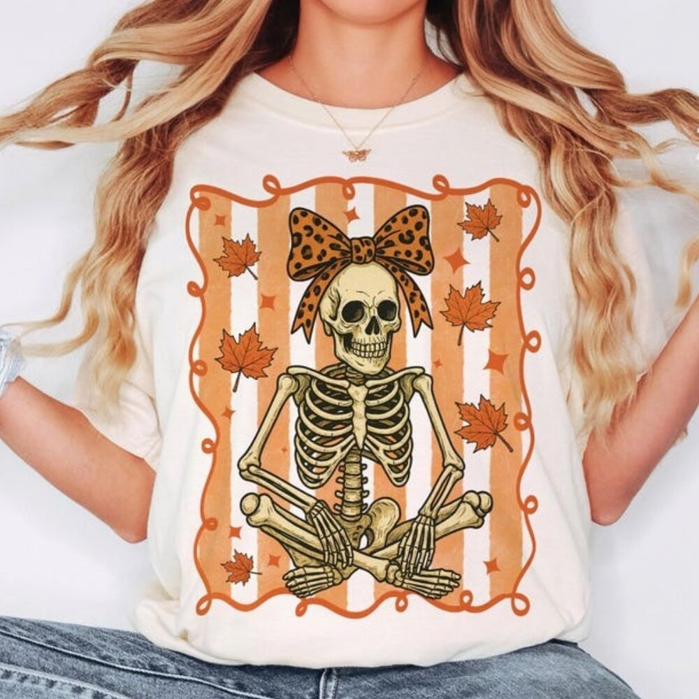 Fall Skeleton with Bow Tee, Cute Leopard Bow Tee